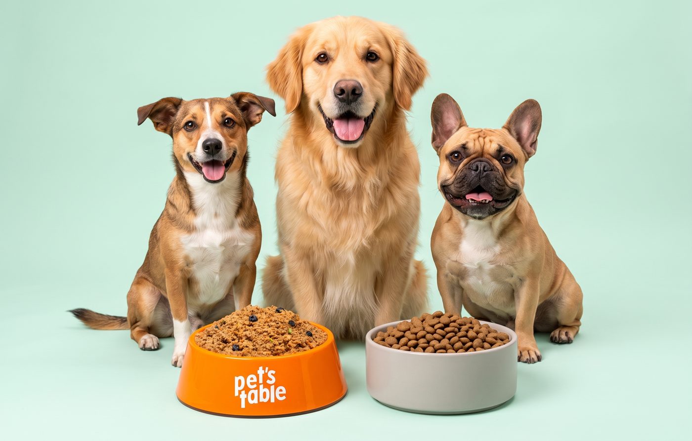 Tres perros felices detr&aacute;s de un plato de Pet's Table y uno de croquetas